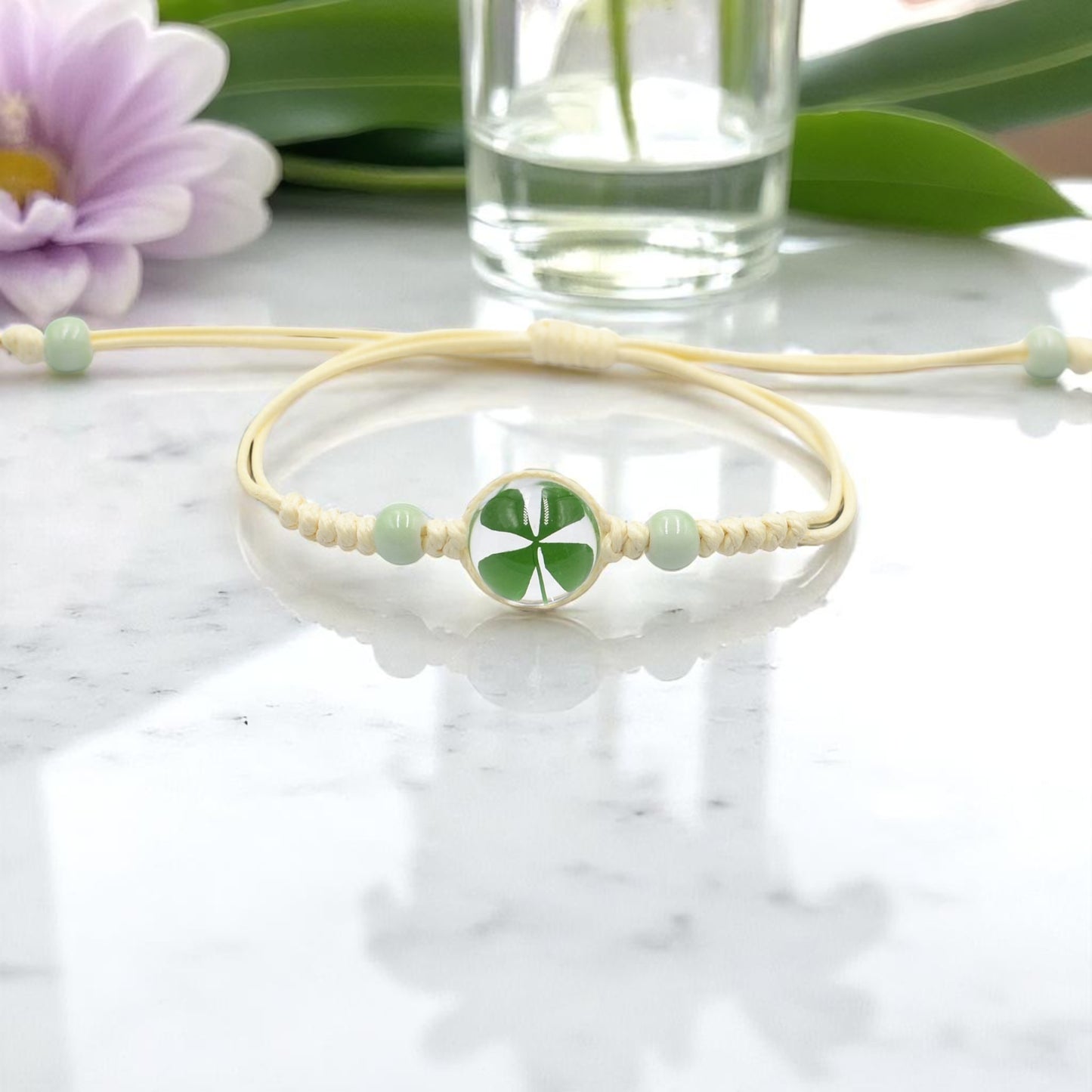 Handcrafted Four-Leaf Clover Bracelet - Adjustable Cord Design, Good luck charm, Handcrafted jewelry, Nature-inspired accessory, Lucky charm bracelet