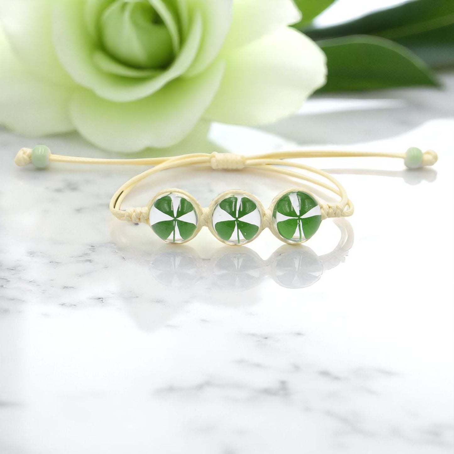 Handcrafted Four-Leaf Clover Bracelet - Adjustable Cord Design, Good luck charm, Handcrafted jewelry, Nature-inspired accessory, Lucky charm bracelet