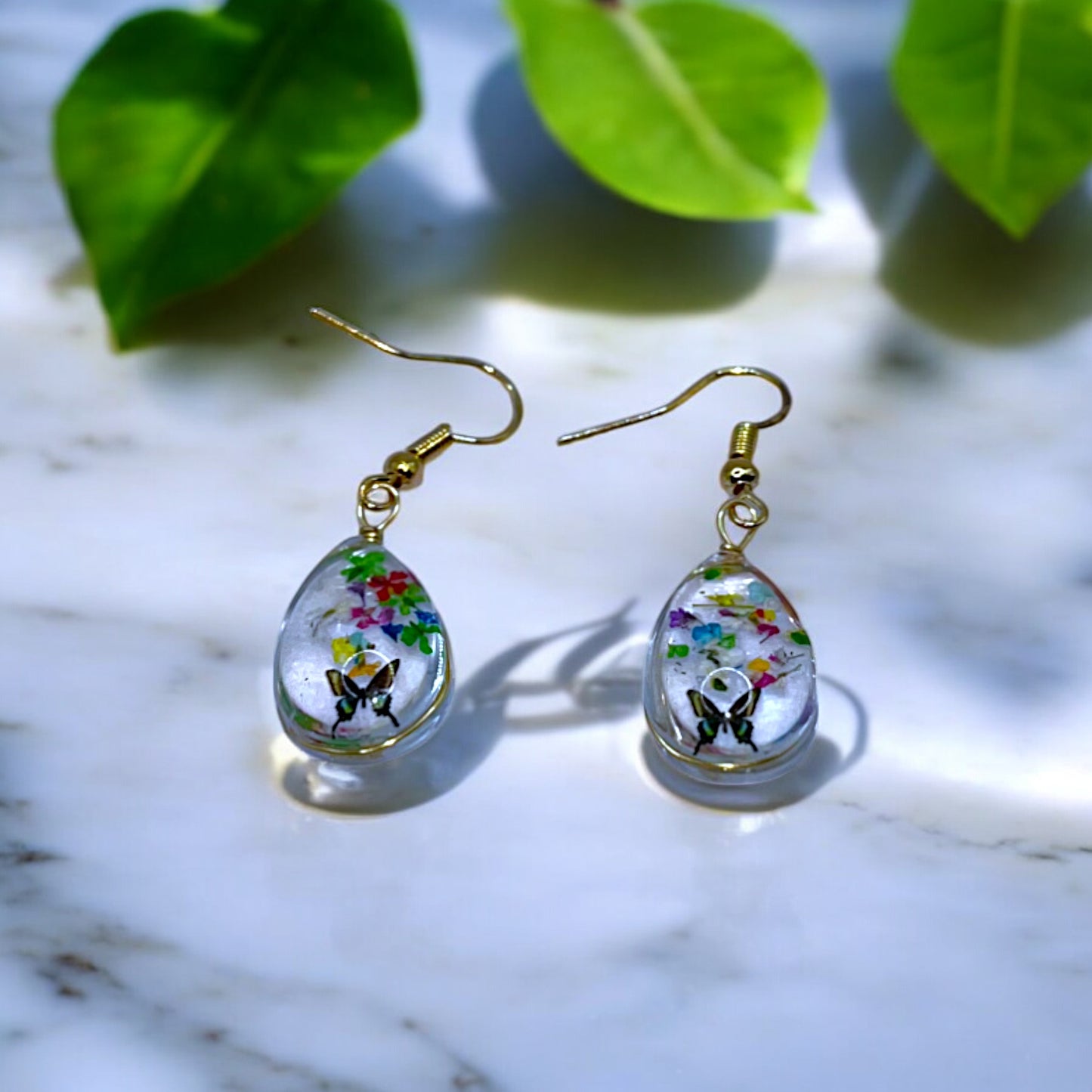 Whimsical Butterfly & Floral Drop Earrings – Handcrafted Nature-Inspired Jewelry, Resin Dangle Earrings, Colorful Spring Garden Design, Gift for Nature Lovers