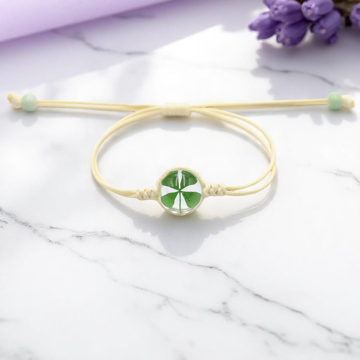 Handcrafted Four-Leaf Clover Bracelet - Adjustable Cord Design, Good luck charm, Handcrafted jewelry, Nature-inspired accessory, Lucky charm bracelet