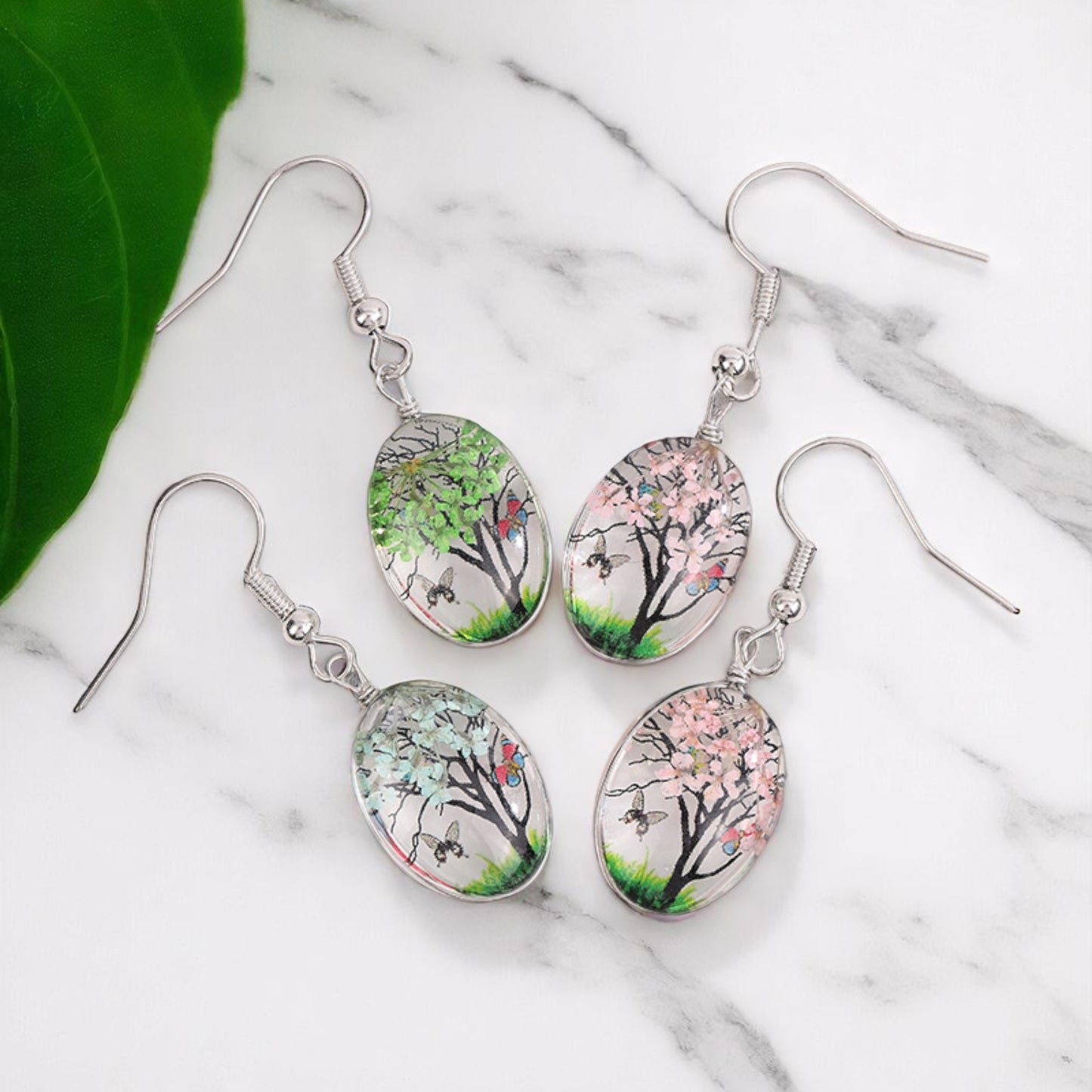 Gift for Nature Lovers, Handcrafted Seasonal Tree Dangle Earrings - Nature-Inspired Jewelry, Floral Dangle Earrings, Cherry Blossom Earrings, Handmade Nature Earrings,