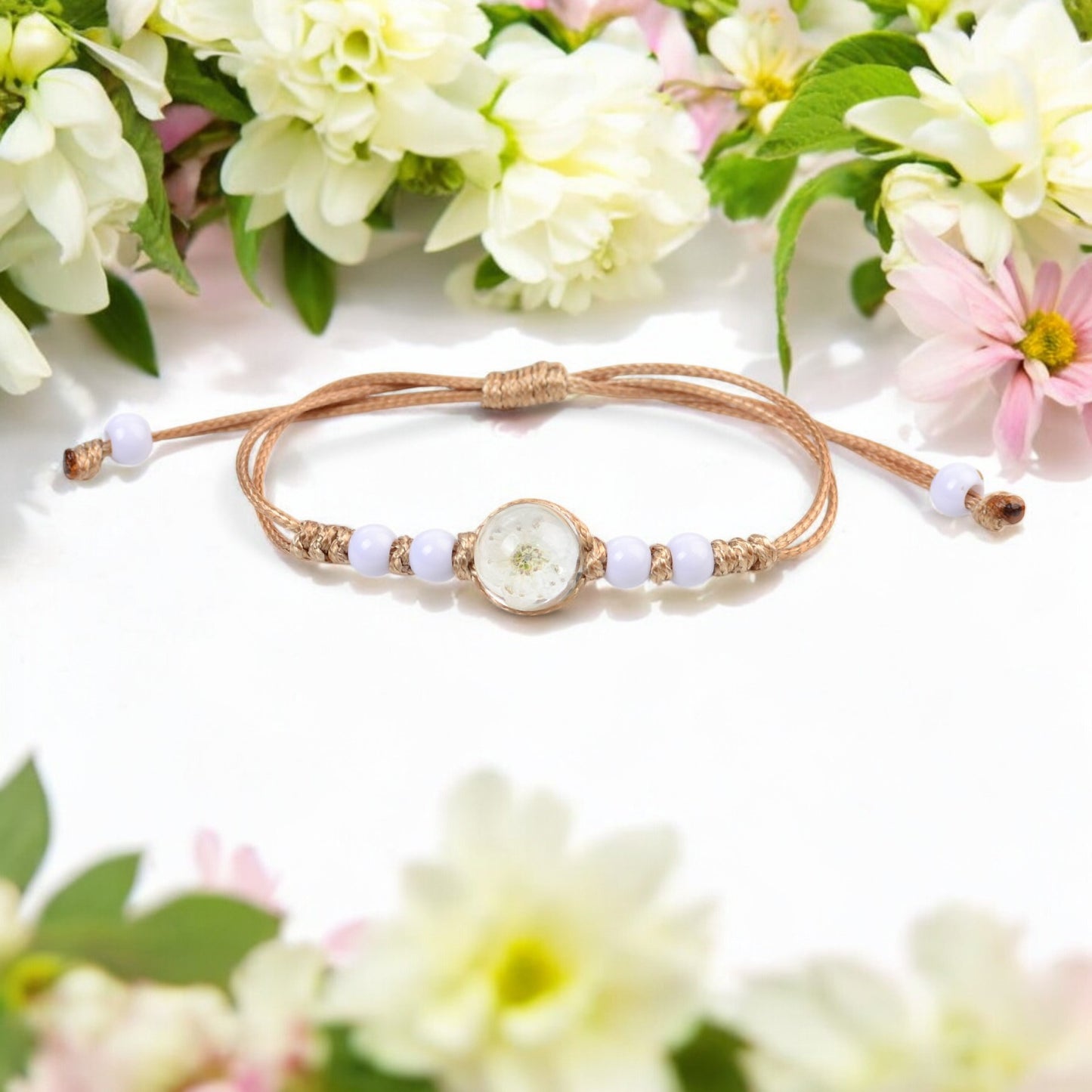 Handcrafted Floral Charm Beaded Bracelets – Adjustable and Vibrant, Handmade Floral Bracelets, Adjustable Beaded Bracelets, Boho Style Jewelry for Women, Dried Flower Charm Bracelets, Resin Flower Jewelry, Unique Handmade Jewelry