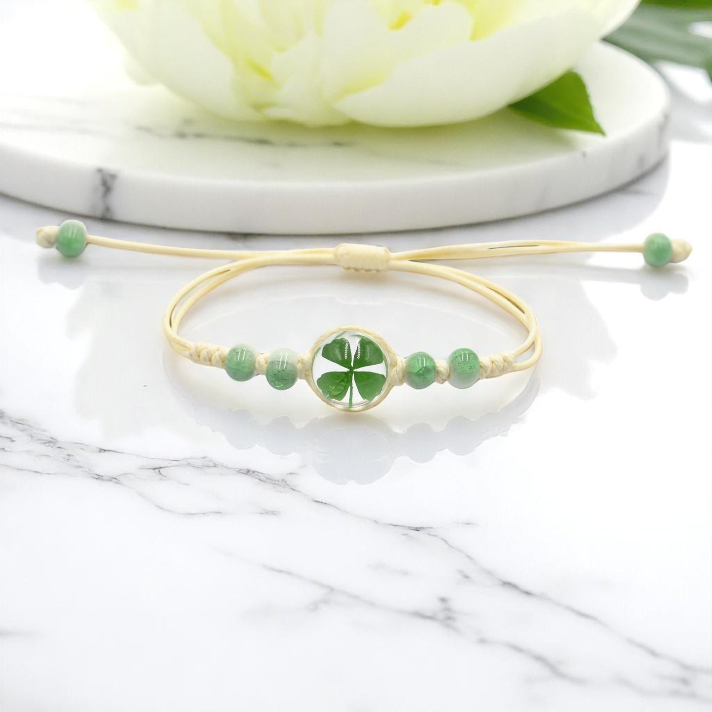 Handcrafted Four-Leaf Clover Bracelet - Adjustable Cord Design, Good luck charm, Handcrafted jewelry, Nature-inspired accessory, Lucky charm bracelet