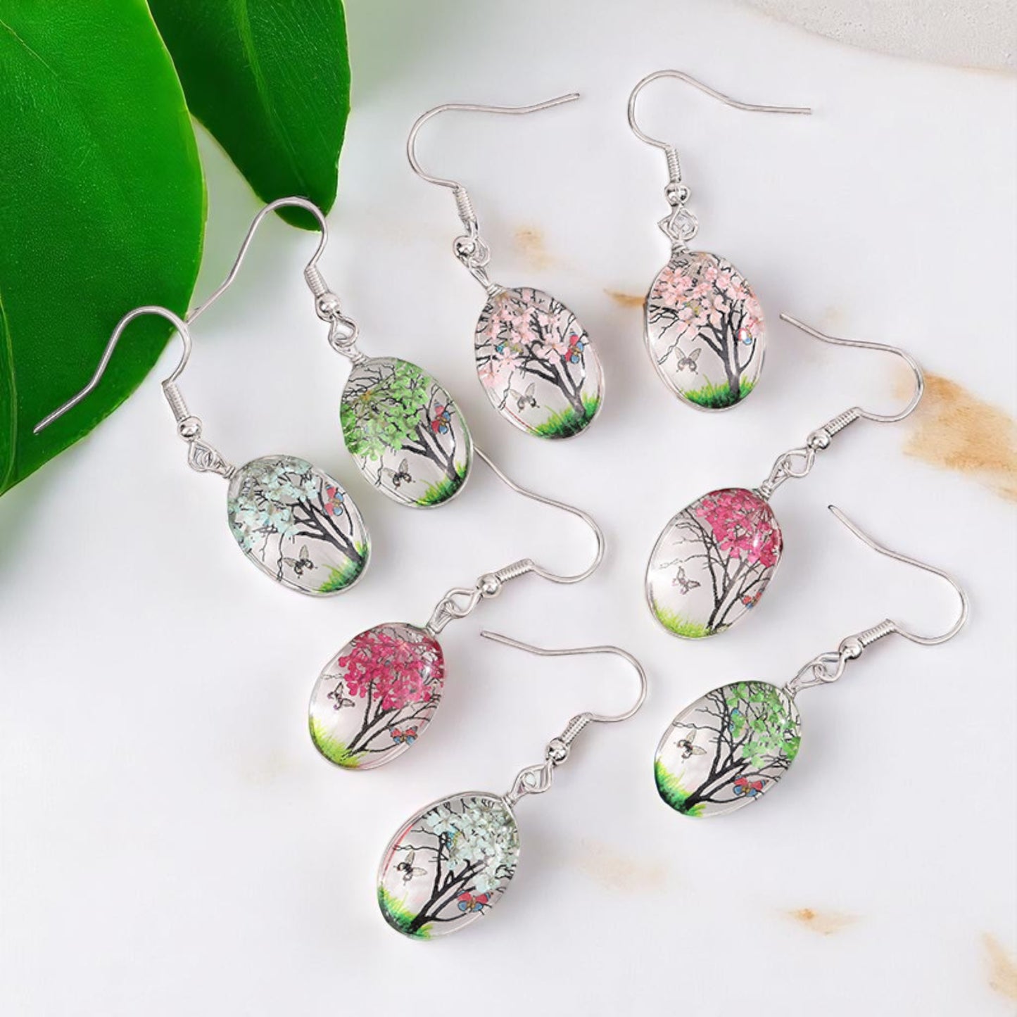 Gift for Nature Lovers, Handcrafted Seasonal Tree Dangle Earrings - Nature-Inspired Jewelry, Floral Dangle Earrings, Cherry Blossom Earrings, Handmade Nature Earrings,