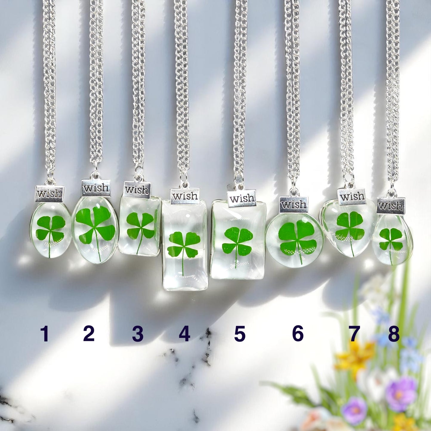Lucky Four-Leaf Clover Pendant Necklace with "Wish" Charm – Handmade Jewelry, Lucky charm jewelry gift, Good luck clover necklace, Nature-inspired pendant jewelry
