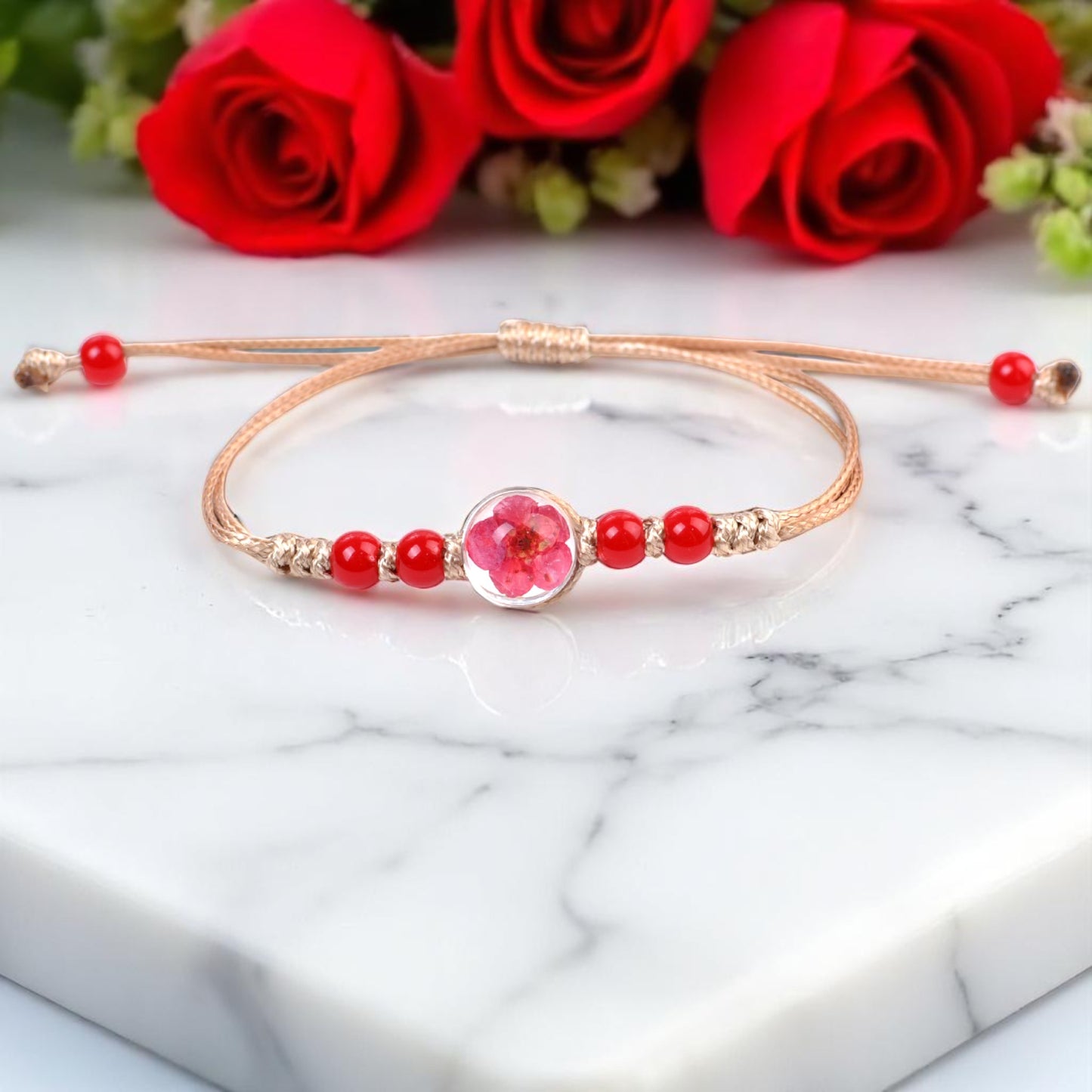 Handcrafted Floral Charm Beaded Bracelets – Adjustable and Vibrant, Handmade Floral Bracelets, Adjustable Beaded Bracelets, Boho Style Jewelry for Women, Dried Flower Charm Bracelets, Resin Flower Jewelry, Unique Handmade Jewelry