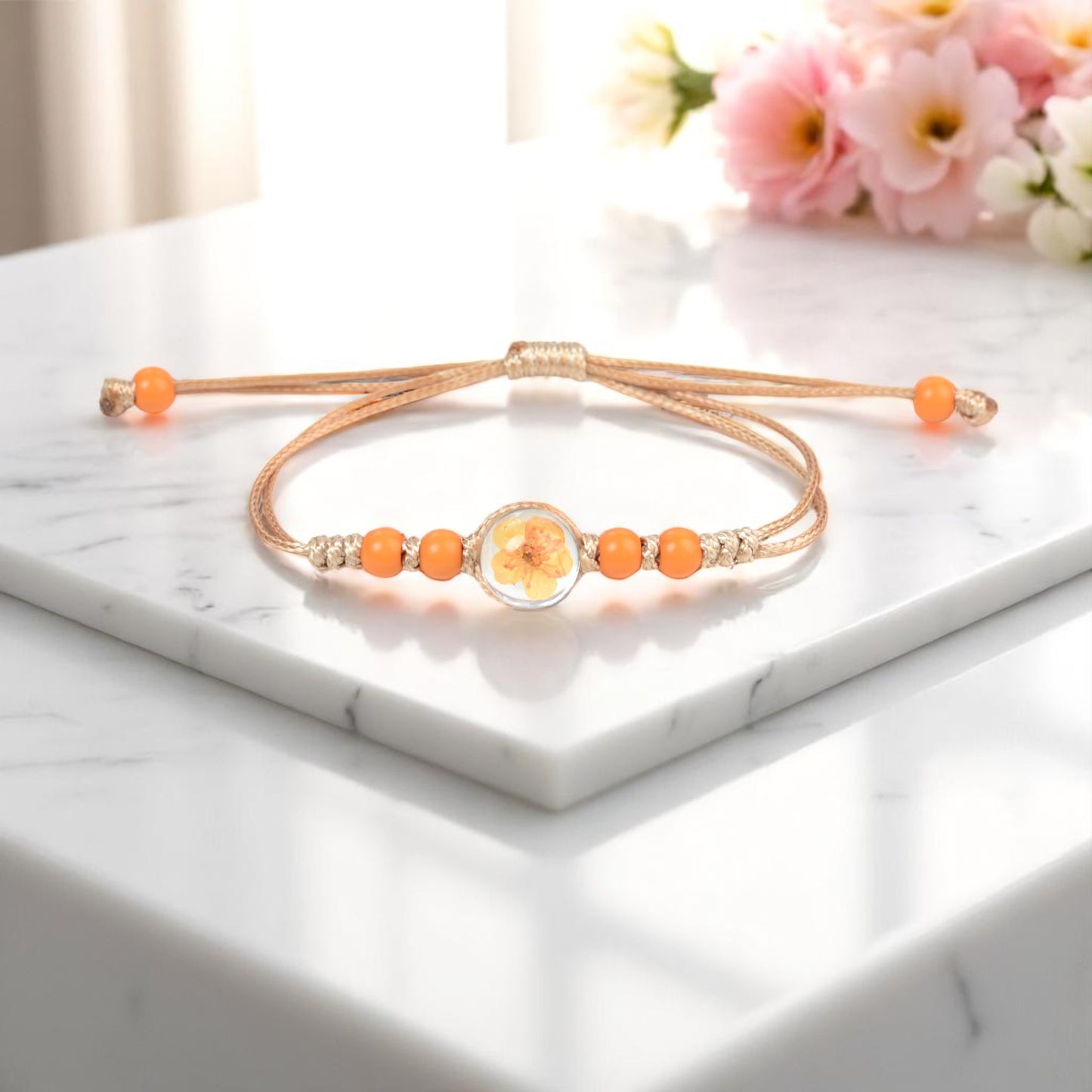Handcrafted Floral Charm Beaded Bracelets – Adjustable and Vibrant, Handmade Floral Bracelets, Adjustable Beaded Bracelets, Boho Style Jewelry for Women, Dried Flower Charm Bracelets, Resin Flower Jewelry, Unique Handmade Jewelry