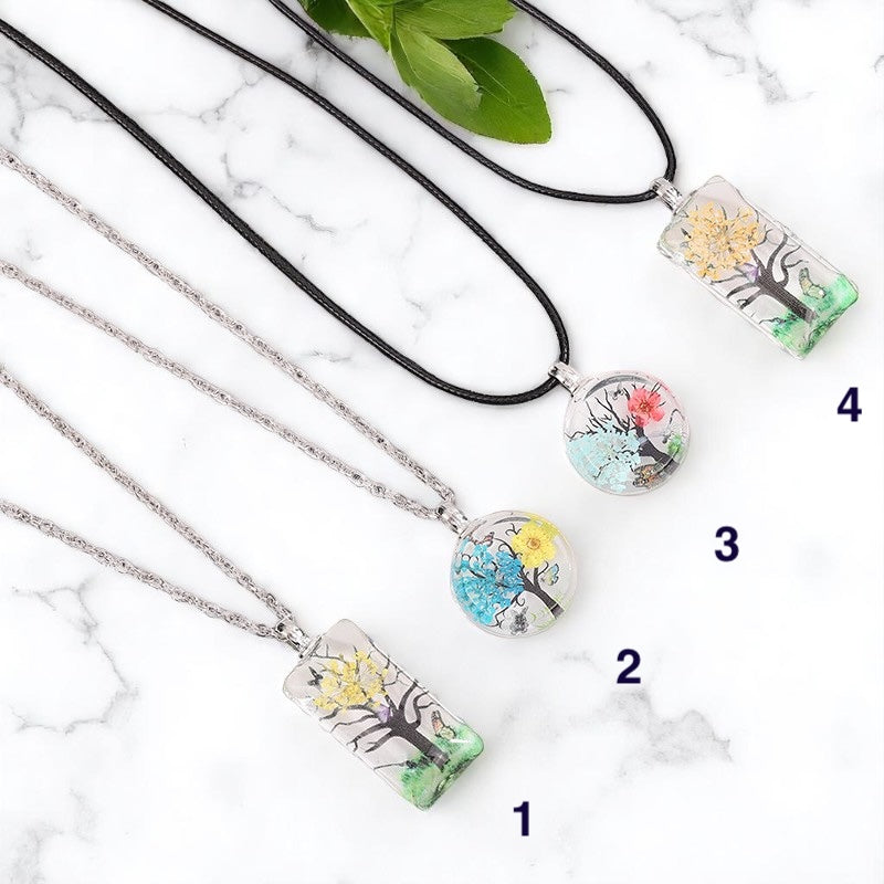 Handcrafted Four Seasons Tree Pendant Necklace – Resin Art Jewelry with Adjustable Chain, Nature-Inspired Pendant, Handmade Tree Necklaces, Round and Rectangle Tree Necklaces, Seasonal Jewelry Gift