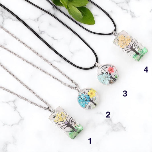Handcrafted Four Seasons Tree Pendant Necklace – Resin Art Jewelry with Adjustable Chain, Nature-Inspired Pendant, Handmade Tree Necklaces, Round and Rectangle Tree Necklaces, Seasonal Jewelry Gift