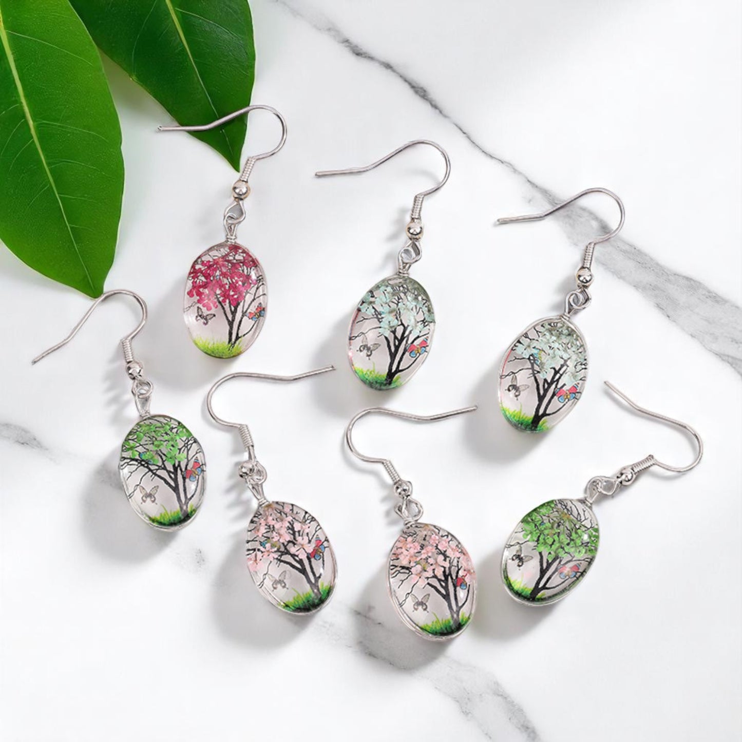 Gift for Nature Lovers, Handcrafted Seasonal Tree Dangle Earrings - Nature-Inspired Jewelry, Floral Dangle Earrings, Cherry Blossom Earrings, Handmade Nature Earrings,