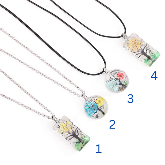 Handcrafted Four Seasons Tree Pendant Necklace – Resin Art Jewelry with Adjustable Chain, Nature-Inspired Pendant, Handmade Tree Necklaces, Round and Rectangle Tree Necklaces, Seasonal Jewelry Gift