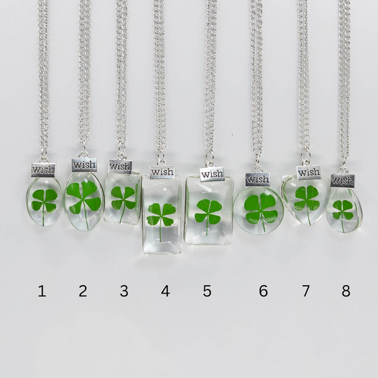 Lucky Four-Leaf Clover Pendant Necklace with "Wish" Charm – Handmade Jewelry, Lucky charm jewelry gift, Good luck clover necklace, Nature-inspired pendant jewelry