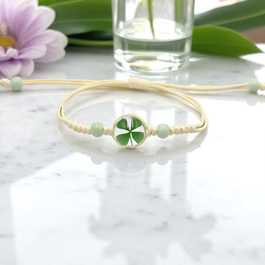 Handcrafted Four-Leaf Clover Bracelet - Adjustable Cord Design, Good luck charm, Handcrafted jewelry, Nature-inspired accessory, Lucky charm bracelet