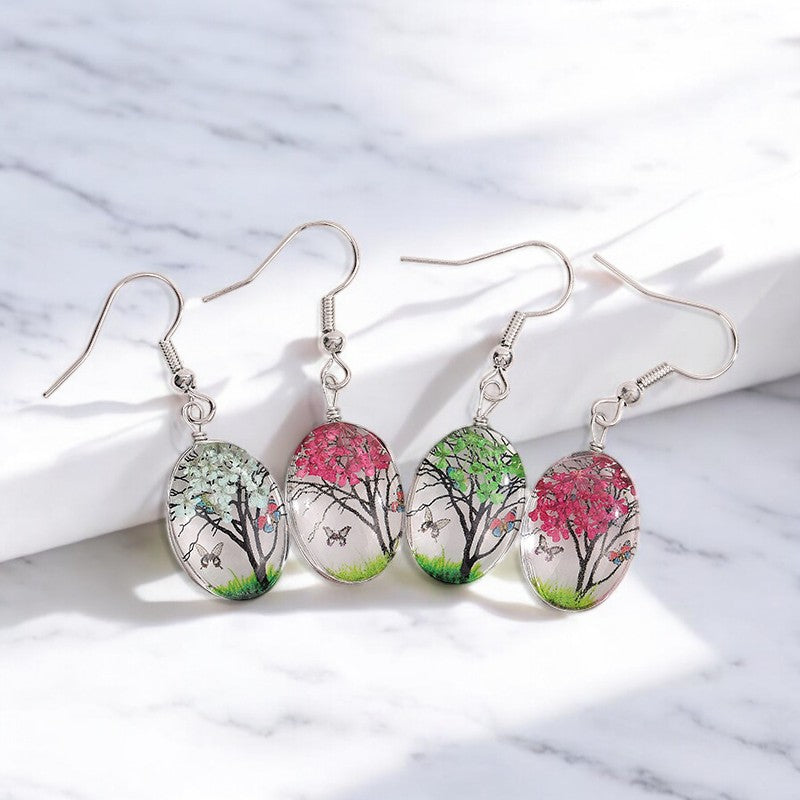 Gift for Nature Lovers, Handcrafted Seasonal Tree Dangle Earrings - Nature-Inspired Jewelry, Floral Dangle Earrings, Cherry Blossom Earrings, Handmade Nature Earrings,