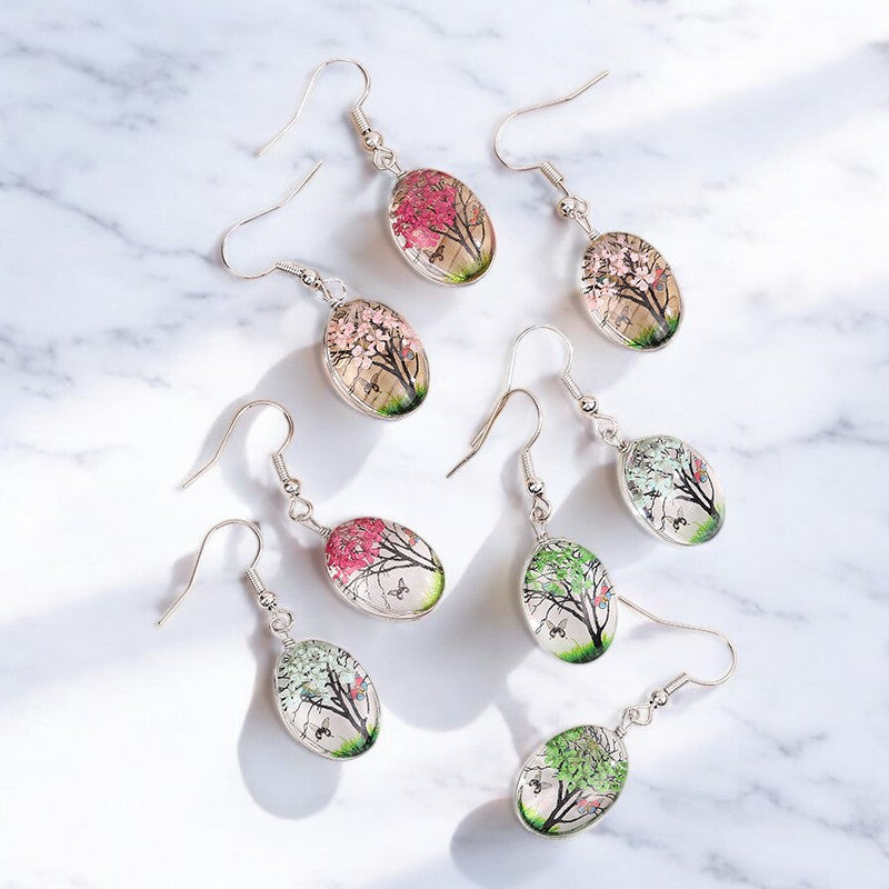 Gift for Nature Lovers, Handcrafted Seasonal Tree Dangle Earrings - Nature-Inspired Jewelry, Floral Dangle Earrings, Cherry Blossom Earrings, Handmade Nature Earrings,