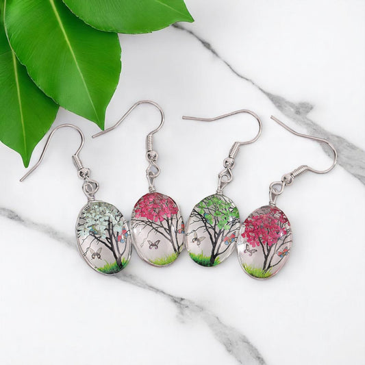 Gift for Nature Lovers, Handcrafted Seasonal Tree Dangle Earrings - Nature-Inspired Jewelry, Floral Dangle Earrings, Cherry Blossom Earrings, Handmade Nature Earrings,