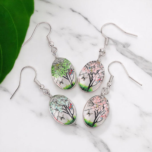 Gift for Nature Lovers, Handcrafted Seasonal Tree Dangle Earrings - Nature-Inspired Jewelry, Floral Dangle Earrings, Cherry Blossom Earrings, Handmade Nature Earrings,
