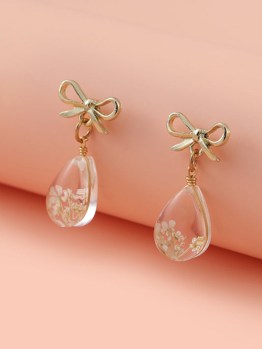 Elegant Bow-Knot Drop Earrings with Dried Flower Accents, Dried flower resin jewelry, Unique floral gift jewelry, Handmade nature-inspired earrings, Teardrop floral earrings