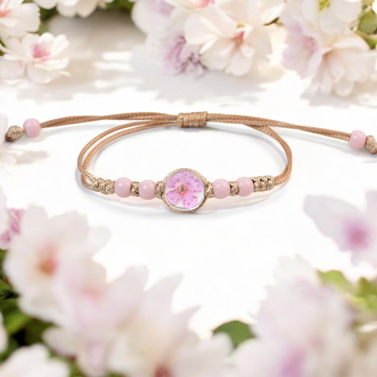 Handcrafted Floral Charm Beaded Bracelets – Adjustable and Vibrant, Handmade Floral Bracelets, Adjustable Beaded Bracelets, Boho Style Jewelry for Women, Dried Flower Charm Bracelets, Resin Flower Jewelry, Unique Handmade Jewelry