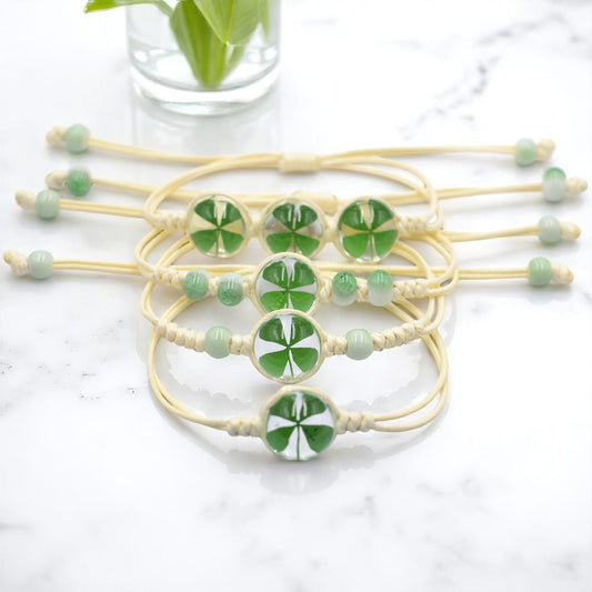 Handcrafted Four-Leaf Clover Bracelet - Adjustable Cord Design, Good luck charm, Handcrafted jewelry, Nature-inspired accessory, Lucky charm bracelet