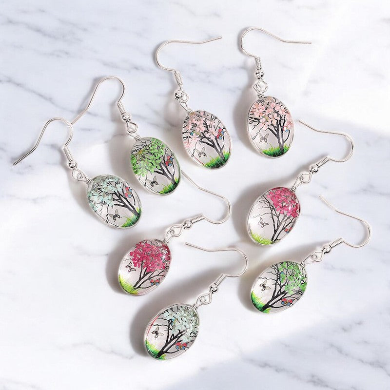 Gift for Nature Lovers, Handcrafted Seasonal Tree Dangle Earrings - Nature-Inspired Jewelry, Floral Dangle Earrings, Cherry Blossom Earrings, Handmade Nature Earrings,