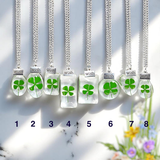 Lucky Four-Leaf Clover Pendant Necklace with "Wish" Charm – Handmade Jewelry, Lucky charm jewelry gift, Good luck clover necklace, Nature-inspired pendant jewelry