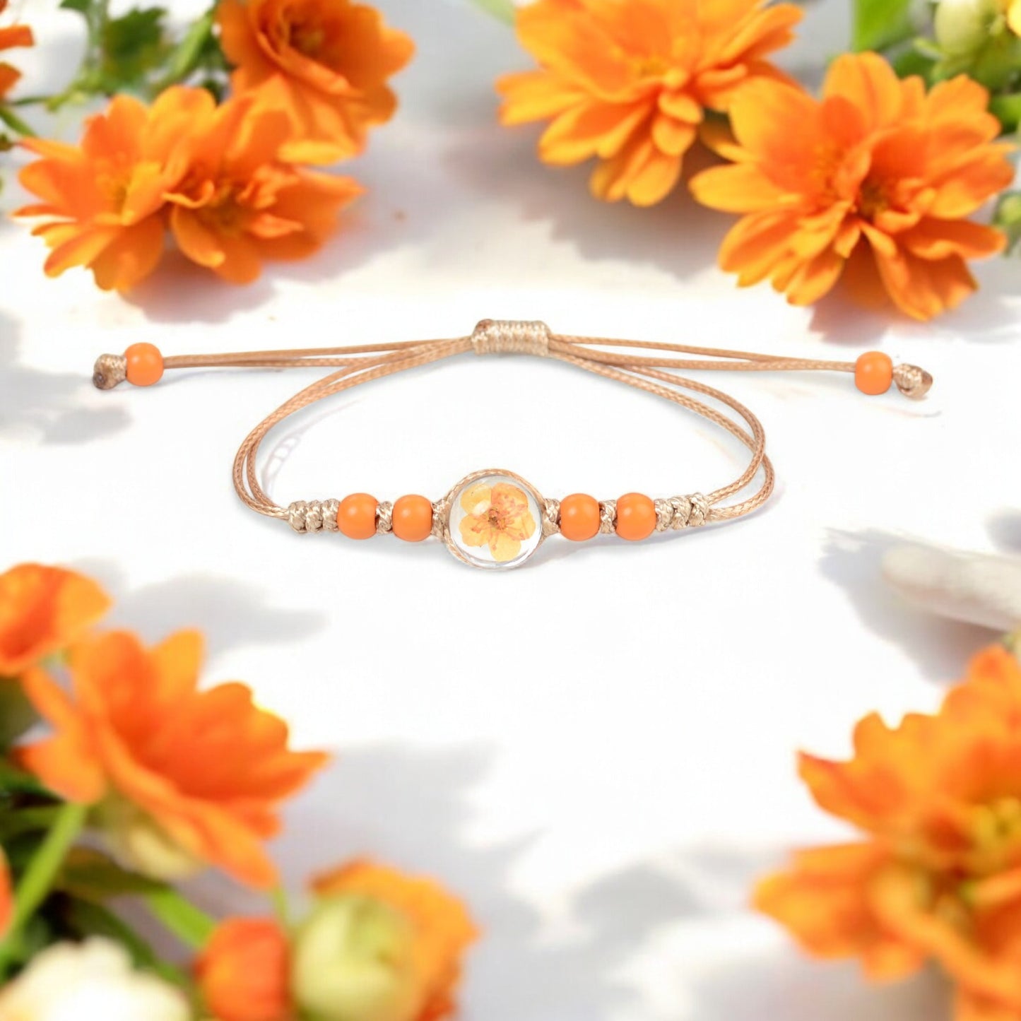Handcrafted Floral Charm Beaded Bracelets – Adjustable and Vibrant, Handmade Floral Bracelets, Adjustable Beaded Bracelets, Boho Style Jewelry for Women, Dried Flower Charm Bracelets, Resin Flower Jewelry, Unique Handmade Jewelry