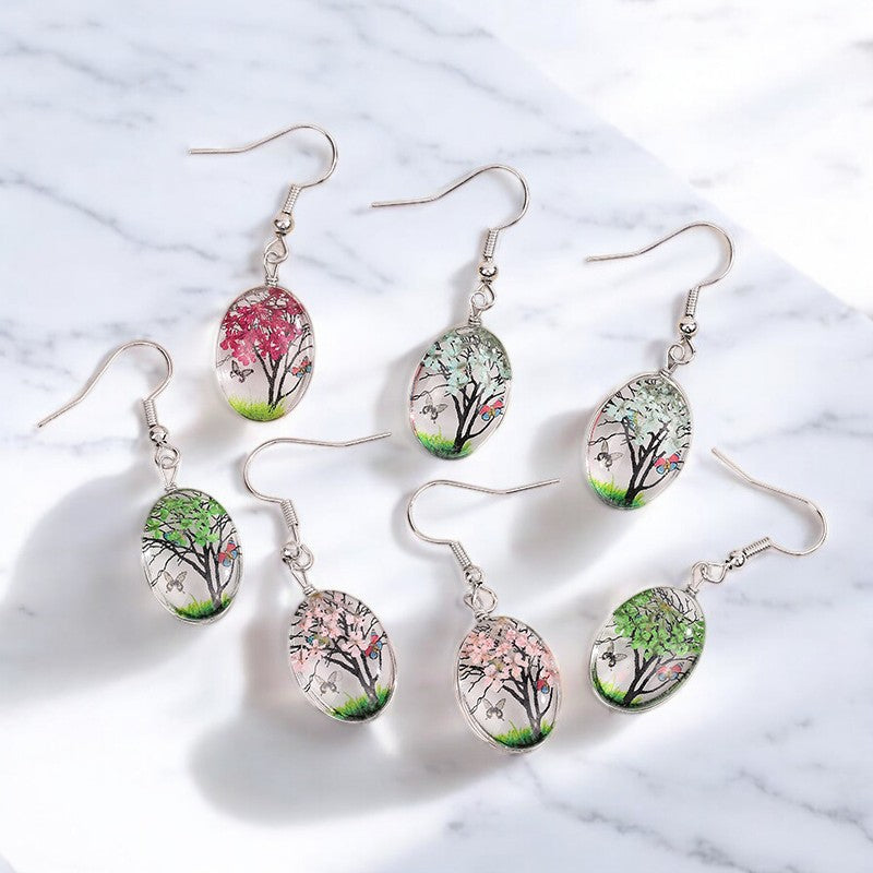 Gift for Nature Lovers, Handcrafted Seasonal Tree Dangle Earrings - Nature-Inspired Jewelry, Floral Dangle Earrings, Cherry Blossom Earrings, Handmade Nature Earrings,